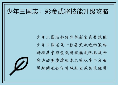 少年三国志：彩金武将技能升级攻略